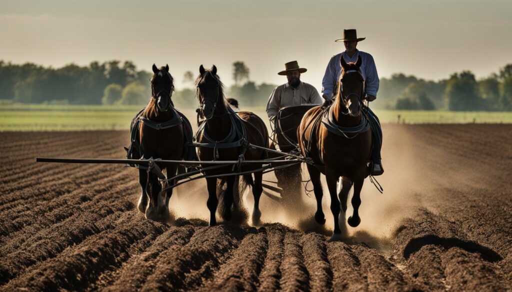 Amish farmer working with horses