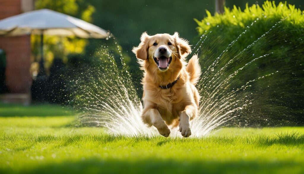 dog playing in a sprinkler