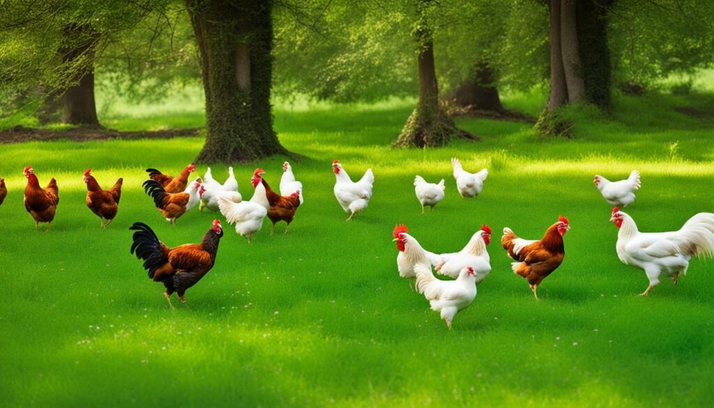 pasture-raised chicken on a green field